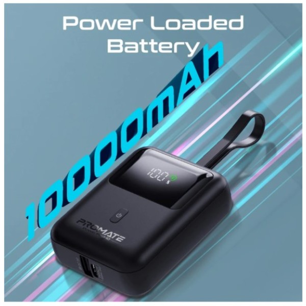 بنك طاقة بروميت فائق الصغر بسعة 10000 مللي أمبير، بقوة 35 واط، بتقنية SuperSpeed™، مزود بكابل USB-C مدمج - أسود
