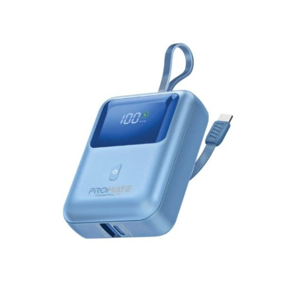 بنك طاقة بروميت فائق الصغر بسعة 10000 مللي أمبير، بقوة 35 واط، بتقنية SuperSpeed™، مزود بكابل USB-C مدمج - أزرق