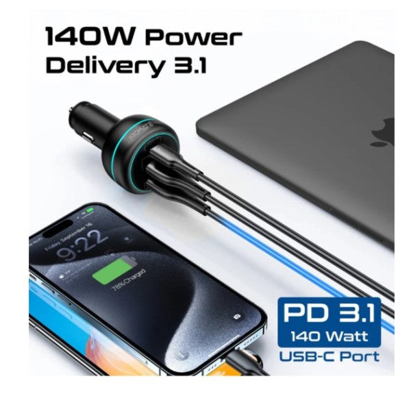 Promate 230W RapidCharge™ Car Charger with Dual Power Delivery and Quick Charge Ports - PowerDrive