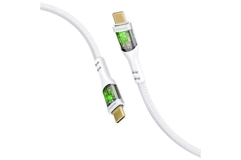PROMATE 2M 60W Power Delivery Ultra-Fast USB-C Cable with Transparent Shells - White