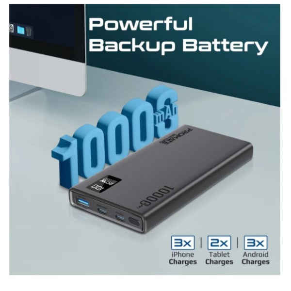 Promate Compact Smart Charging Power Bank with 20W PD Dual USB-C and 22.5W USB-A Ports, BOLT-10PD - Black