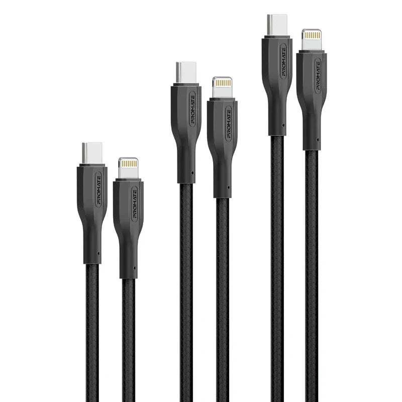 PROMATE CableKit-Ci High Tensile Strength Charge Cable - 480Mbps / USB-C / Lightning / Black / Pack Of 3