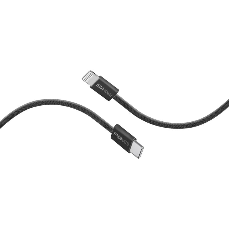 PROMATE 1.2M Super-Fast 27W Power Delivery USB-C to Lightning Fabric Braided Cable - Black