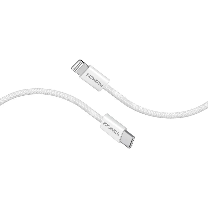 PROMATE 1.2M Super-Fast 27W Power Delivery USB-C to Lightning Fabric Braided Cable - White