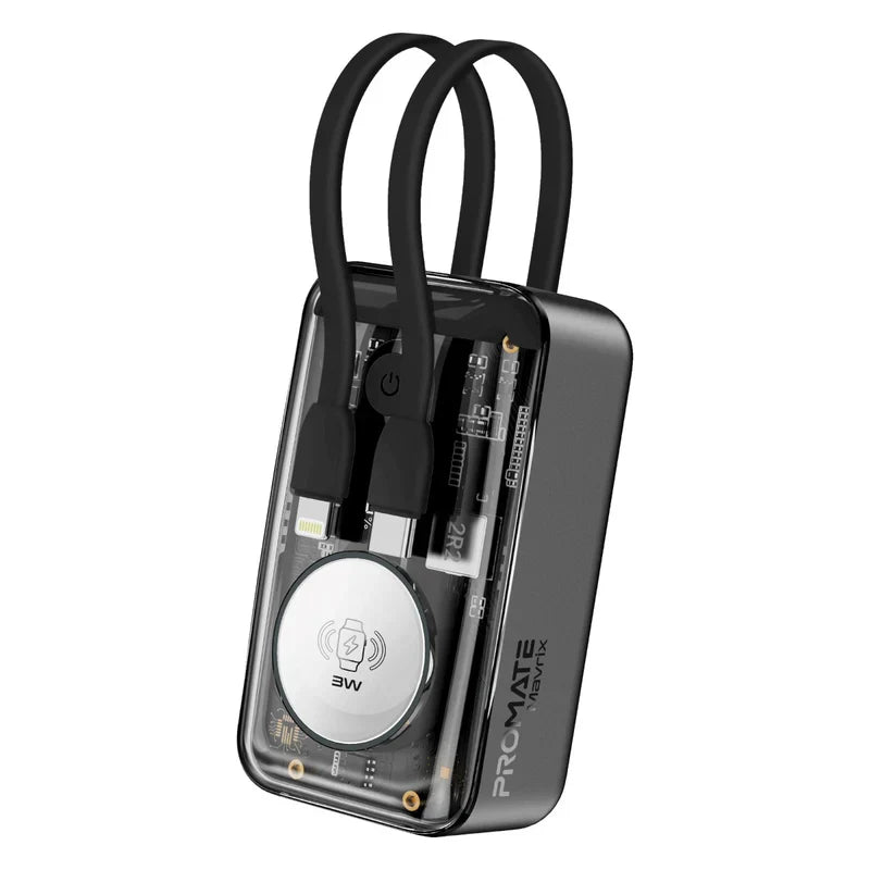 بنك طاقة بروميت مافريكس مزود بكابل USB-C وكابل لايتنينج مدمجين - 35 واط / 10000 مللي أمبير / أسود فانتوم
