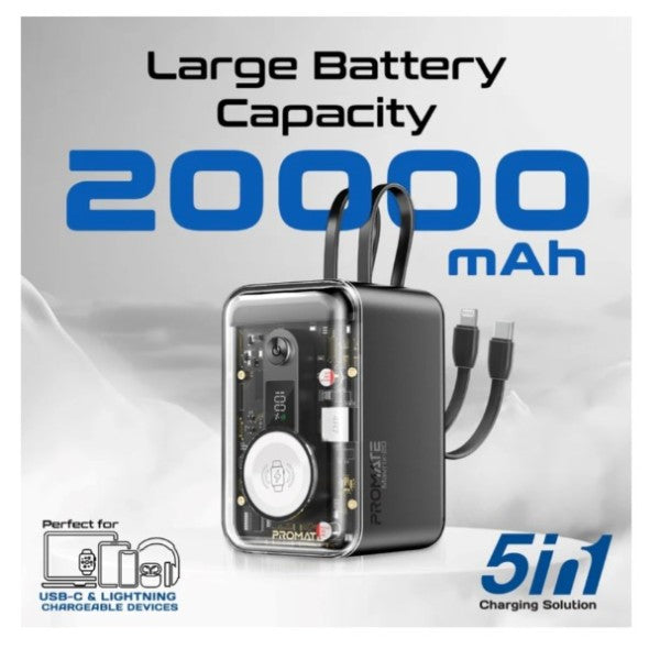 بنك طاقة بروميت شفاف بسعة 20000 مللي أمبير وقوة 65 واط لشحن أجهزة متعددة، مزود بكابل USB-C وكابل Lightning مدمجين، أسود - Mavrix-20