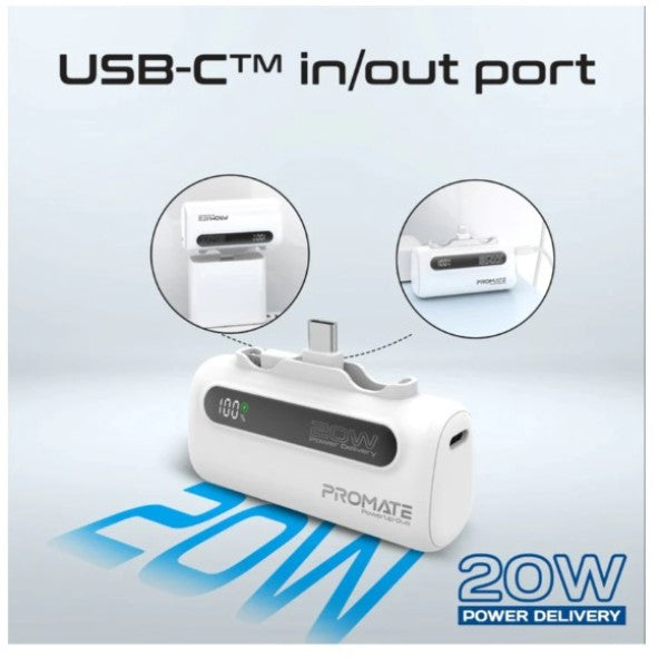 باور بانك بروميت 5000 مللي أمبير، فائق الصغر، سريع الشحن، مزود بموصلين قابلين للطي USB-C™ و Lightning، باور أب ديو - أبيض