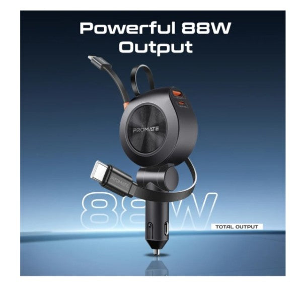 Promate 88W Multi-Port Car Charger with Dual Retractable USB-C Cables - DRIVEGEAR-R2
