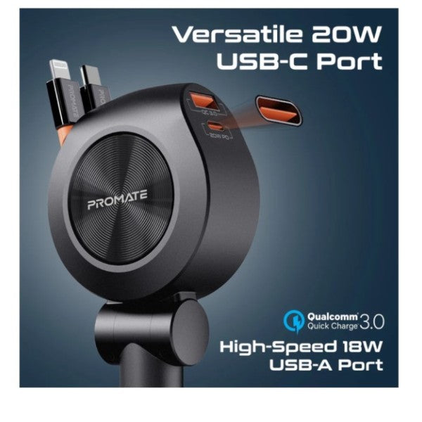 Promate 88W Multi-Port Car Charger with Dual Retractable USB-C Cables - DRIVEGEAR-R2