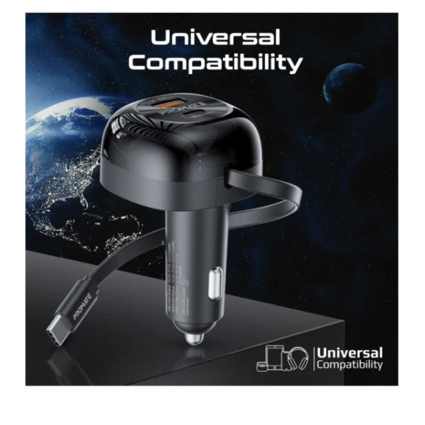 62W Multi-Port Car Charger with Retractable USB-C Cable