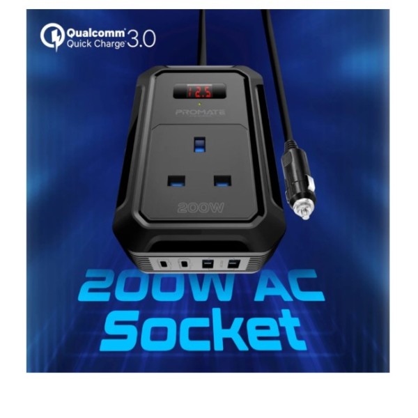 Promate Multi-Port DC to AC Power Inverter with 200W AC Socket - Inverto-200W