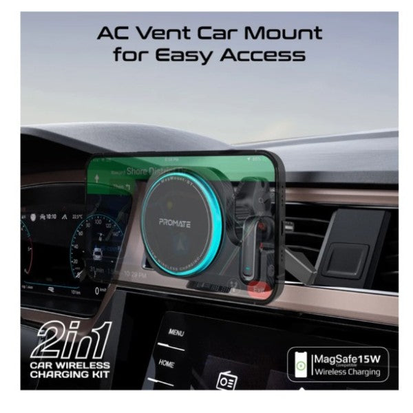 2-in-1 MagSafe Compatible 15W Wireless Car Charger with Built-in Wireless Mono ENC Earphone