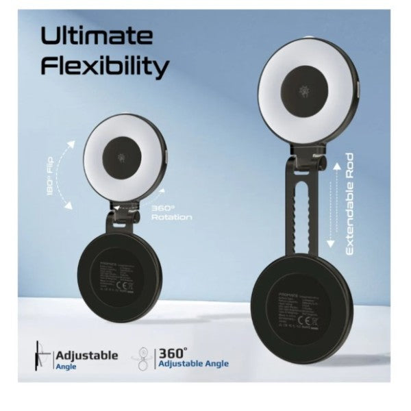 Promate 360° Rotatable Ultra-Slim MagSafe Compatible Rechargeable LED Ring Light, Black - Maghalo Pro