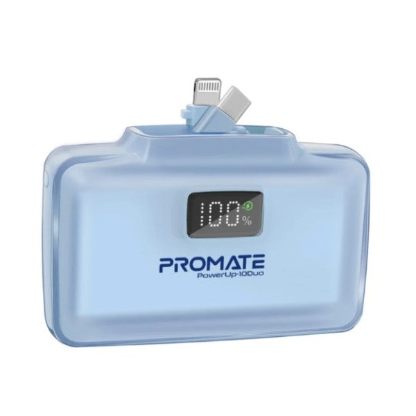 باور بانك بروميت بسعة 10000 مللي أمبير، فائق الصغر، سريع الشحن، مزود بموصل USB-C مزدوج قابل للطي وموصل Lightning، POWERUP-10DUO - أزرق