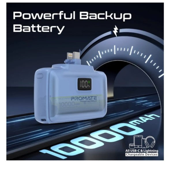 باور بانك بروميت بسعة 10000 مللي أمبير، فائق الصغر، سريع الشحن، مزود بموصل USB-C مزدوج قابل للطي وموصل Lightning، POWERUP-10DUO - أزرق
