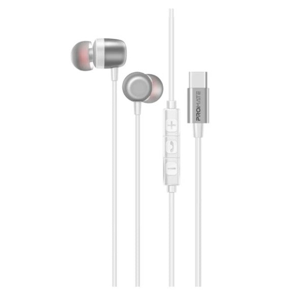 Promate Ergonomic In-Ear USB-C Wired ENC Stereo Earphone, White
