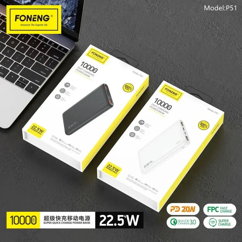 Foneng Power Bank all compatible QC (10000 mAh) 22.5W P51-WHTP51 - White - GulfStore.com