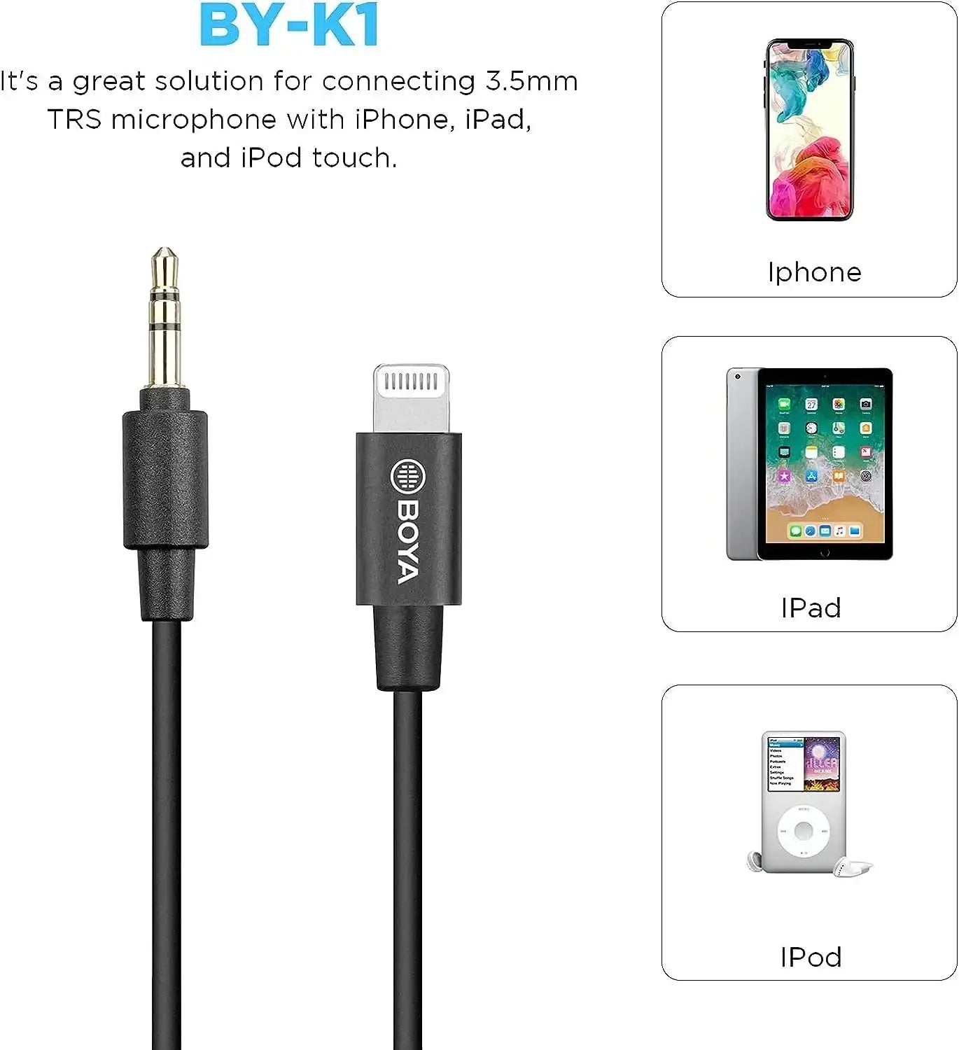 Boya BY-K1 3.5mm TRS (Male) to Lightning (Male) Audio Adapter - GulfStore.com