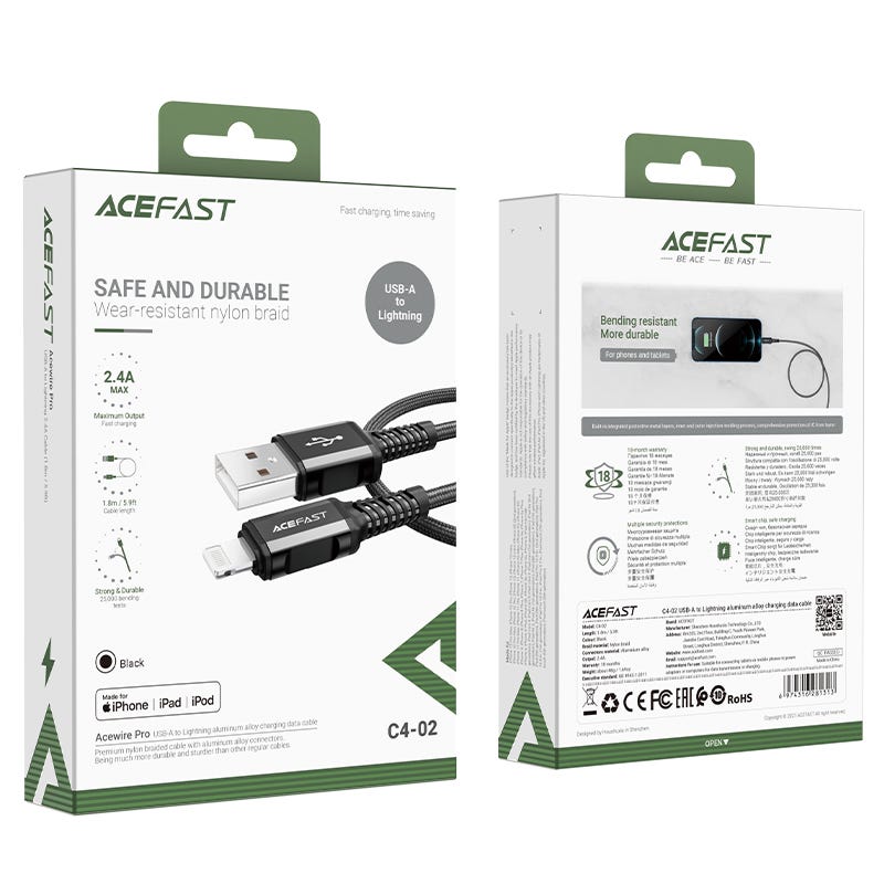 AceFast | 15890 | C4-02 | Usb A To Lightning Aluminum Alloy Charging Data Cable(1.8M) | Black - GulfStore.com