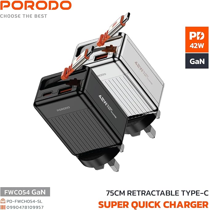 PD-FWCH054 | Porodo 75cm Retractable Type-C Super Quick GaN Charger | Black