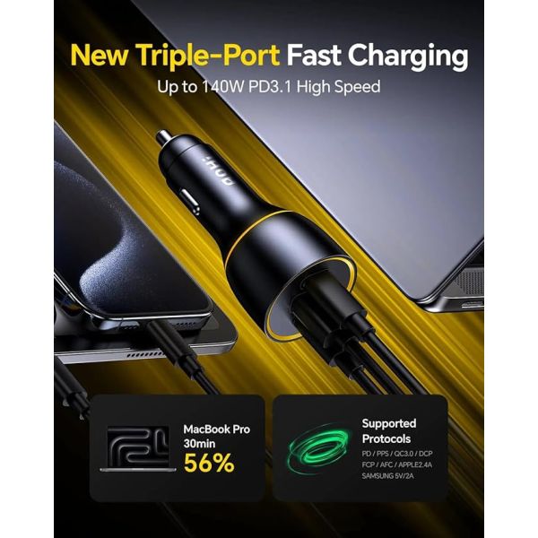 AOHI SUPERAUTO PD GAN 170W Fast Car Charger (2USB-C & 1USB-A)