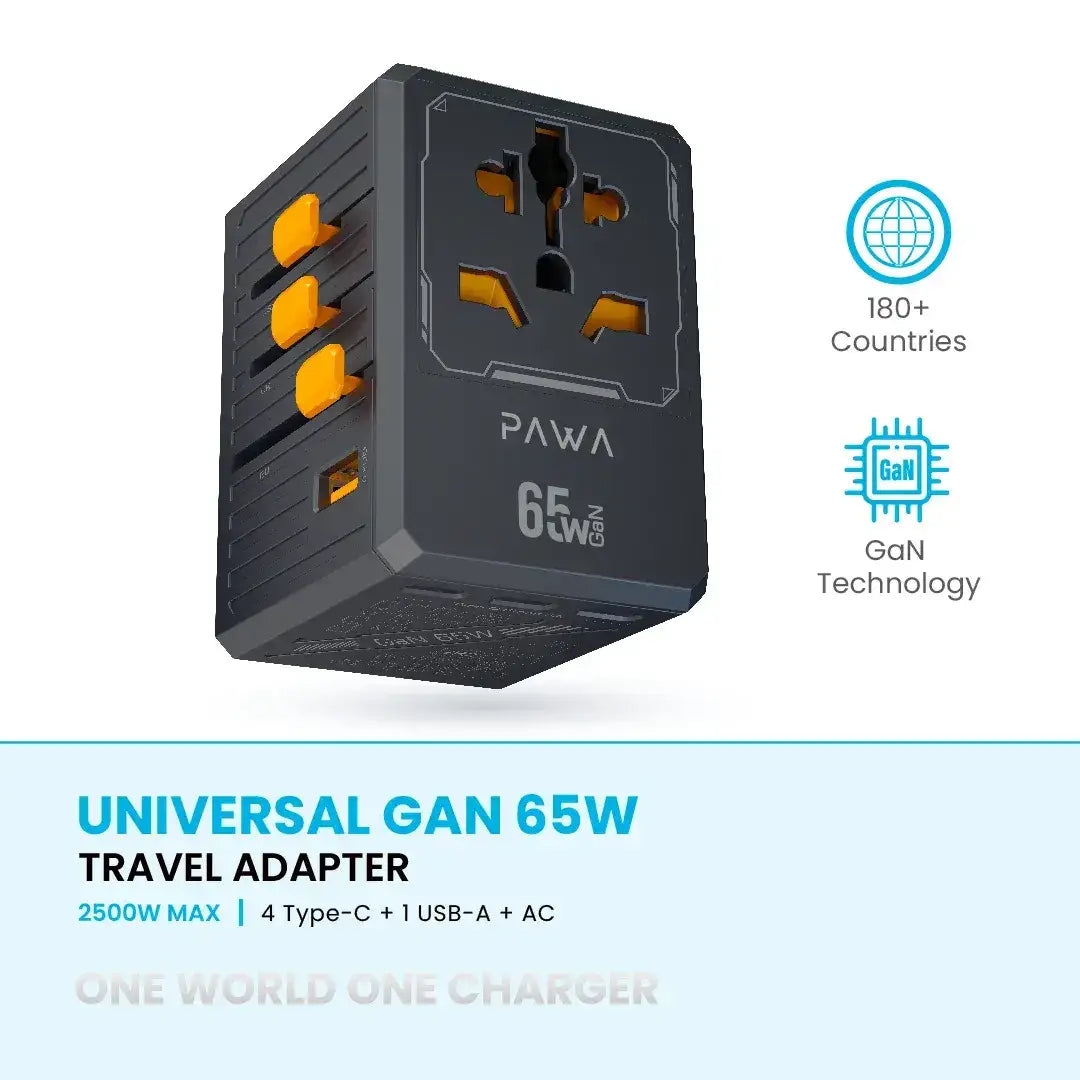 PW-TCUTA65W-BK | PAWA Universal Gan 65W Travel Adapter 2500W-4Type-C+1 Usb-A+Ac | Black - GulfStore.com
