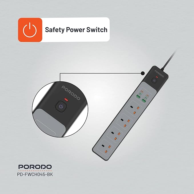PD-FWCH045 | Porodo 4AC 65W 3000W Power Strip | Black