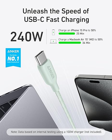 B80E6061 | كابل أنكر 543 من USB-C إلى USB-C | 240 واط | 6 أقدام / 1.8 متر | نايلون حيوي | عبوة من 2 | أخضر