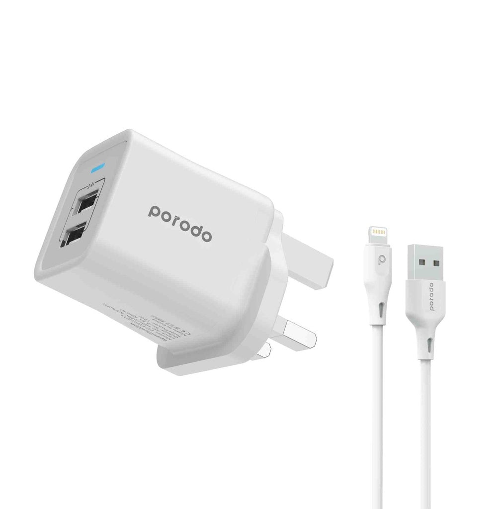 Porodo Dual USB Wall Charger 2.4A UK with PVC Lightning Cable 1.2m (PD-FWCH011-L-WH) - White