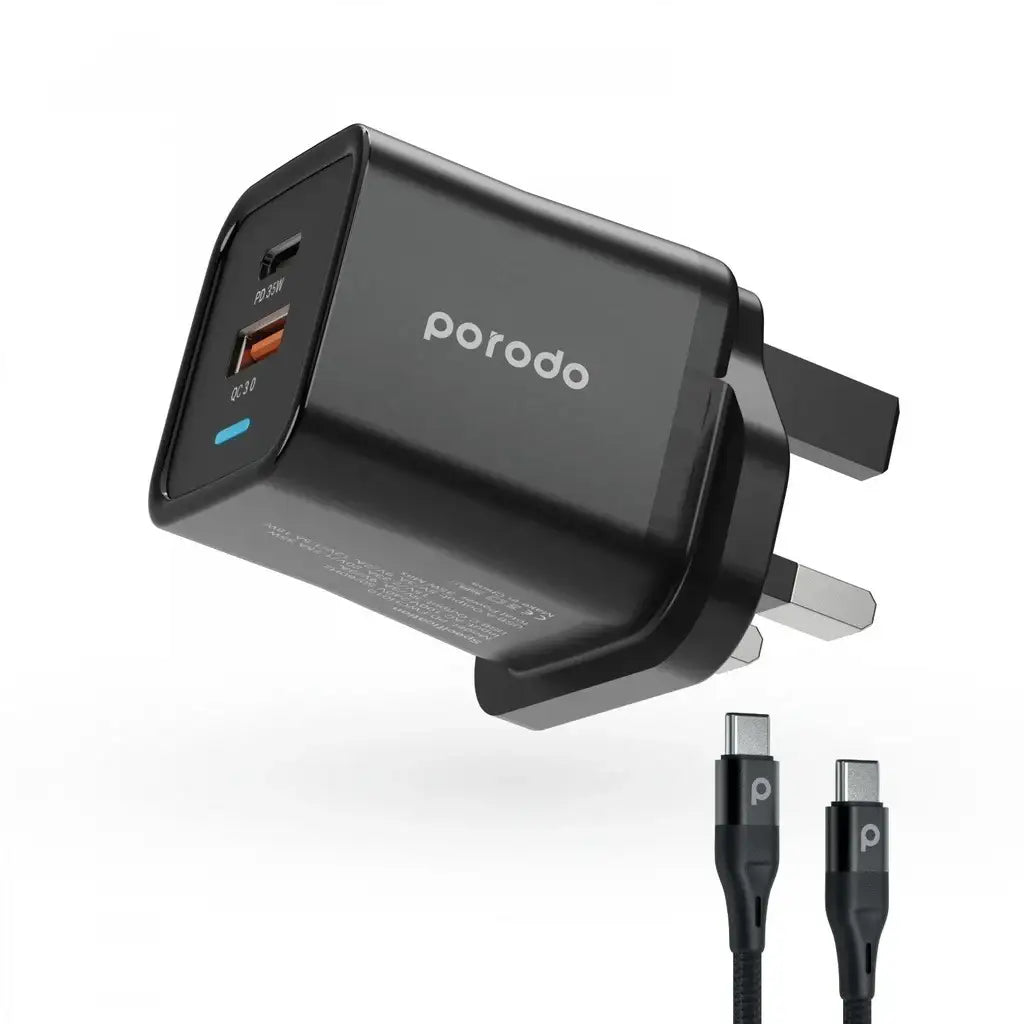 Porodo A+C 35W Wall Charger UK w/ Braided Type-C to Type-C Cable 1.2m (PD-FWCH010-C-BK) - Black - GulfStore.com