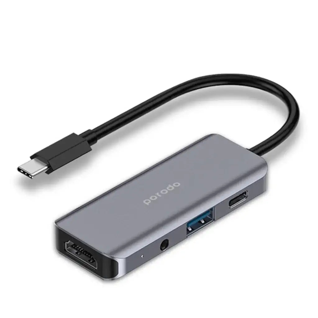 موزع USB-C 4 في 1 من Porodo، Type-C PD، 100 وات، HDMI، USB 3.5 مم، Aux - رمادي