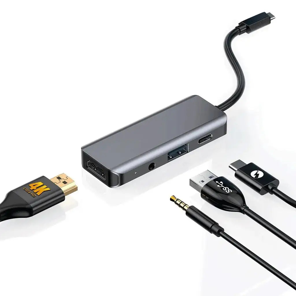 موزع USB-C 4 في 1 من Porodo، Type-C PD، 100 وات، HDMI، USB 3.5 مم، Aux - رمادي