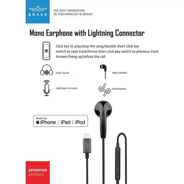 BRAVE Mono Earphone Lightning Black - BBML-715 - GulfStore.com