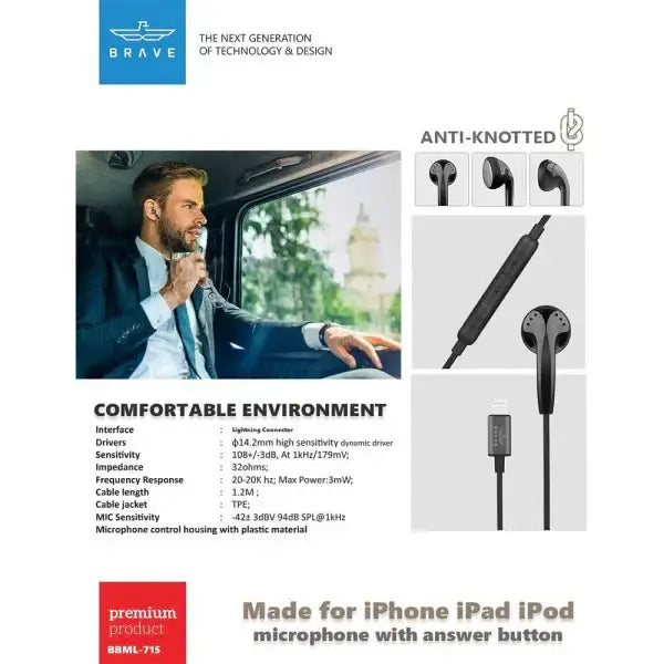 BRAVE Mono Earphone Lightning Black - BBML-715 - GulfStore.com