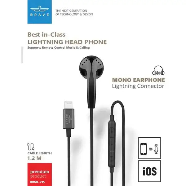 BRAVE Mono Earphone Lightning Black - BBML-715 - GulfStore.com
