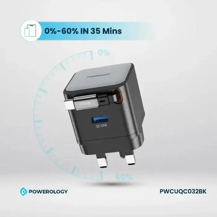Powerology GAN PD35W Dual-Port Charger with Retractable Cable PWC032 - Black - GulfStore.com