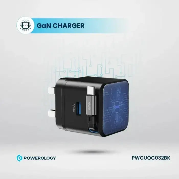 Powerology GAN PD35W Dual-Port Charger with Retractable Cable PWC032 - Black - GulfStore.com