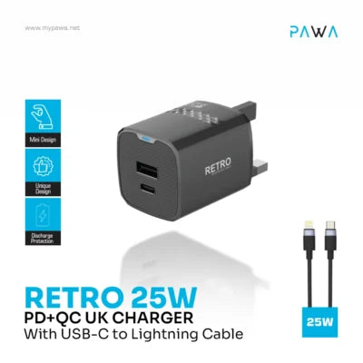 PW-TR225UKL-BK | كابل باوا ريترو ٢٥ واط مع منفذ PD+QC، قابس بريطاني، من النوع C إلى Lightning | أسود