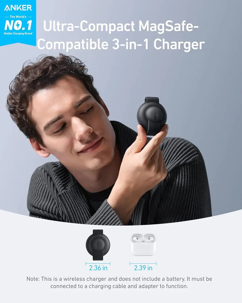 B25M8H11 | Anker MagSafe Compatible 3-in-1 Wireless Charging Station | 15 W | Foldable Wireless