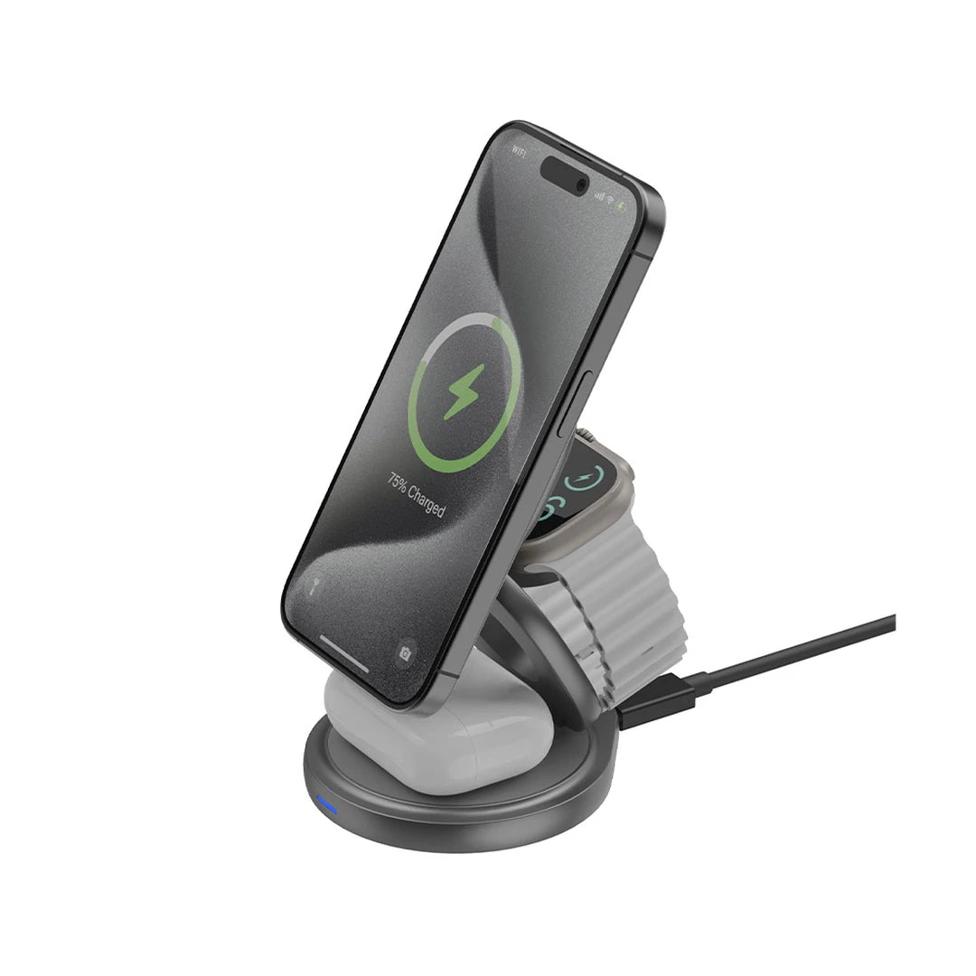 GM-GYRE360-GUN | Bazic Gomag Gyre | 360 Rotating Base 3-In-1 Wireless Charger With Apple Watch And Airpods Charging | Gunmetal - GulfStore.com
