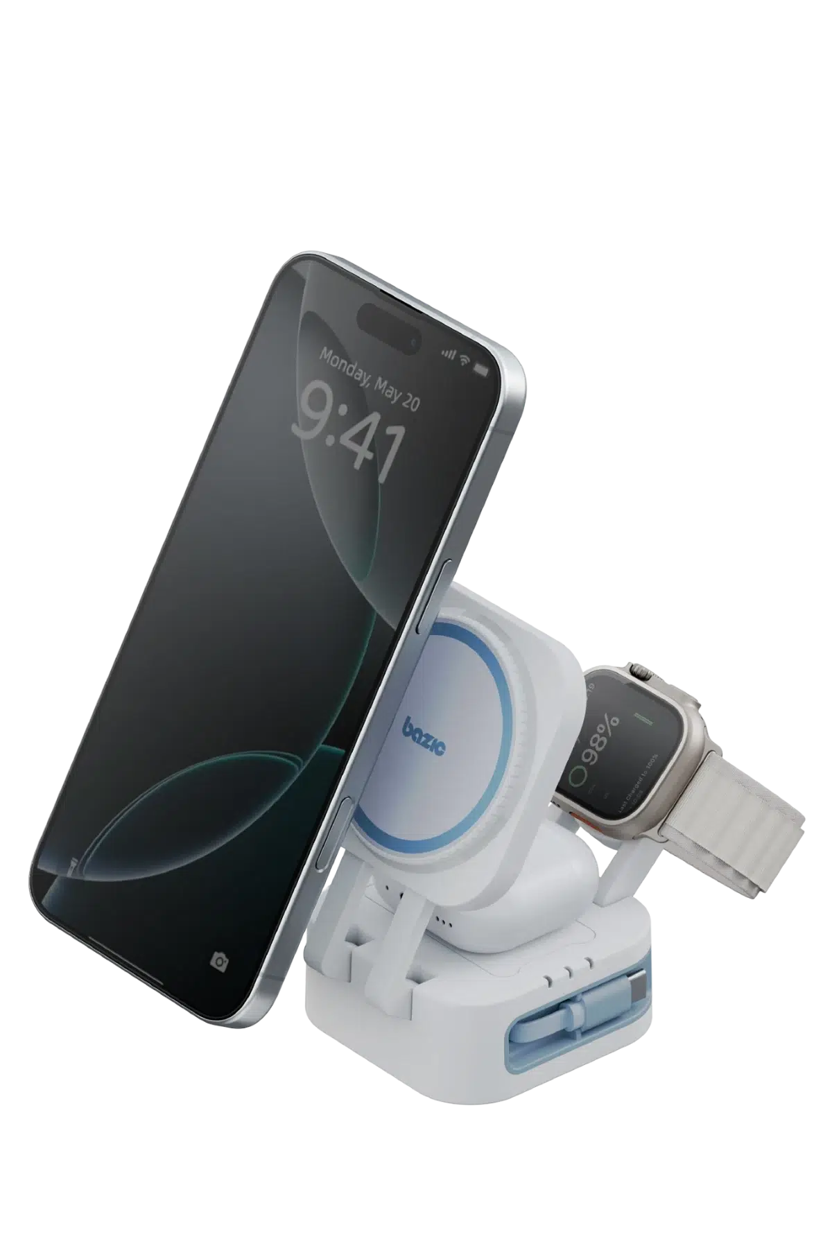 GM-STNMINI-WHT | بازيك غوماغ | محطة شحن لاسلكية قابلة للطي 3 في 1 مع كابل قابل للسحب بطول 80 سم وشاحن ساعة أبل | أبيض