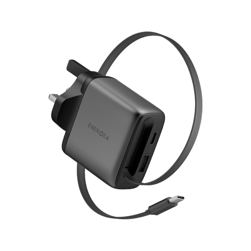 CHR-AC-ARC65UK | ENERGEA Ampcharge | Arc 65 PD/PDS/Qc3.0 Gan Wall Charger With Retractable Cable | 65W ( UK ) | Gunmetal - GulfStore.com