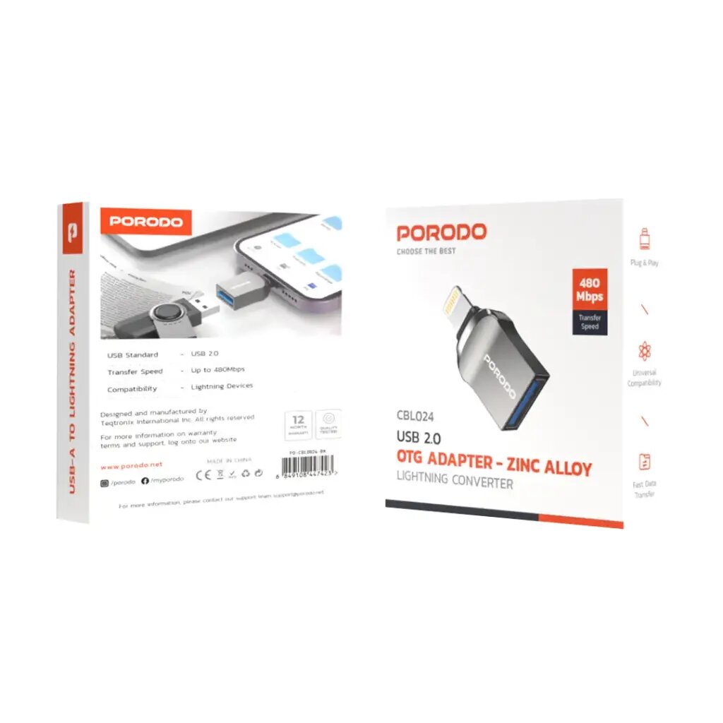 PD-CBL0024-BK | Porodo Lightning OTG Adapter - Zinc Alloy | Black - GulfStore.com