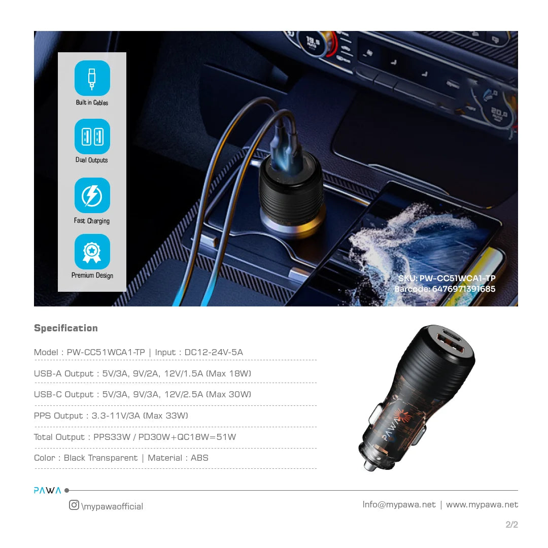 PW-CC51WCA1-TP | PAWA Solid Car Charger Dual Port PD+QC 51W | Transparent