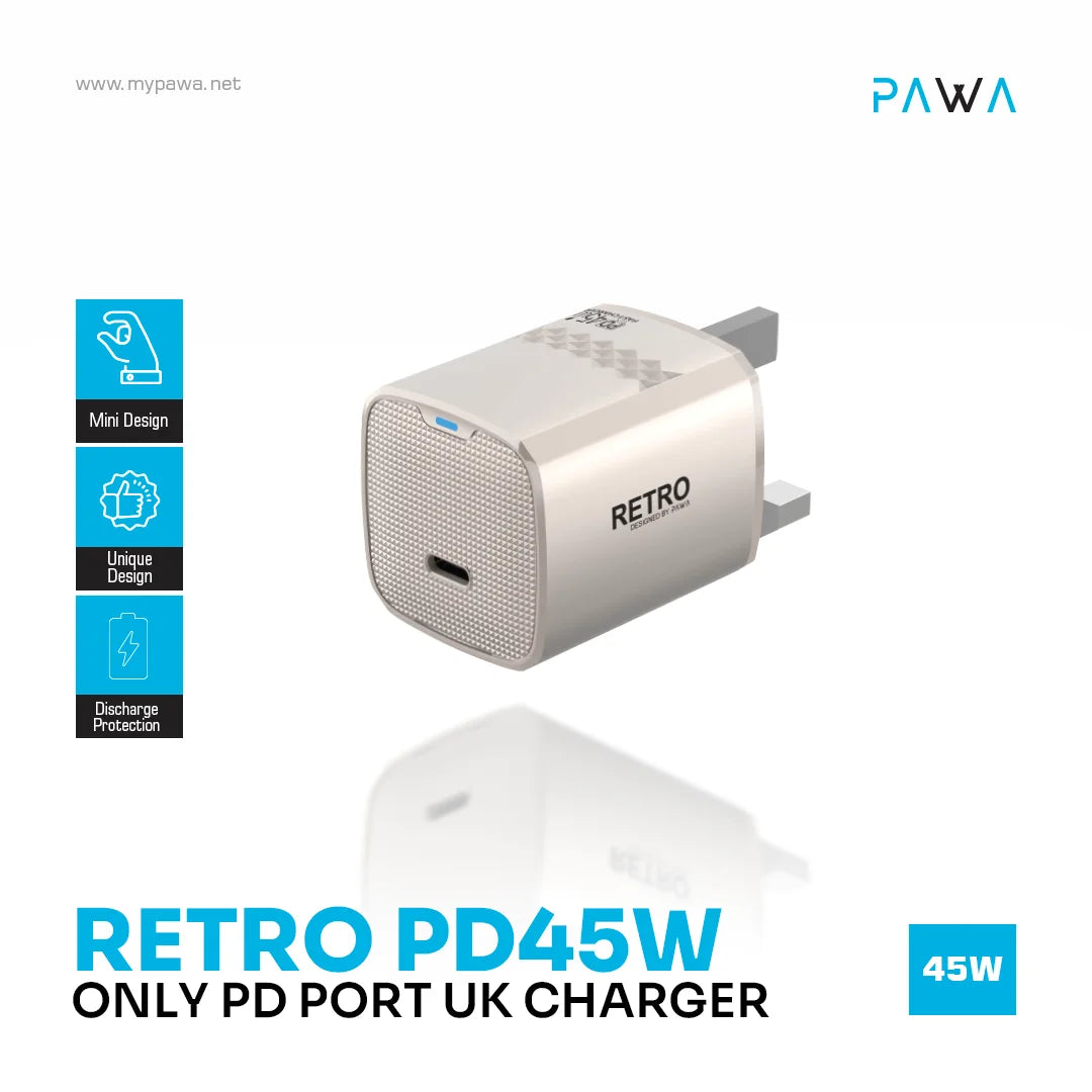 PW-TCRT45UK-TT | قابس باوا ريترو 45 واط بمنفذ Type-C من المملكة المتحدة | تيتانيوم