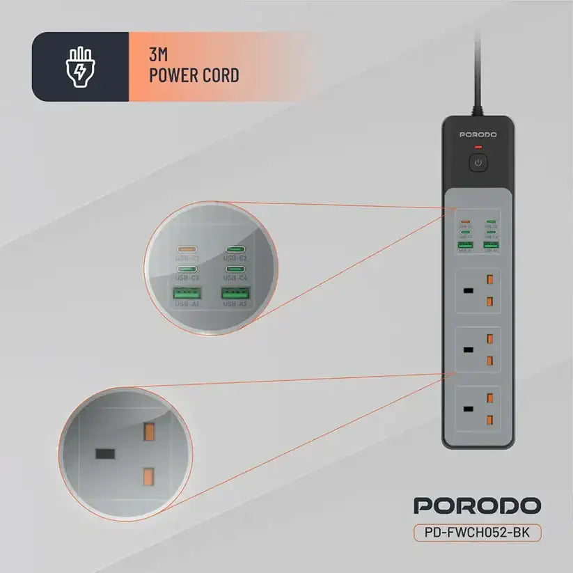 FWCH052- BK | Porodo 3AC | 45W | 300W Power Strip | Black - GulfStore.com