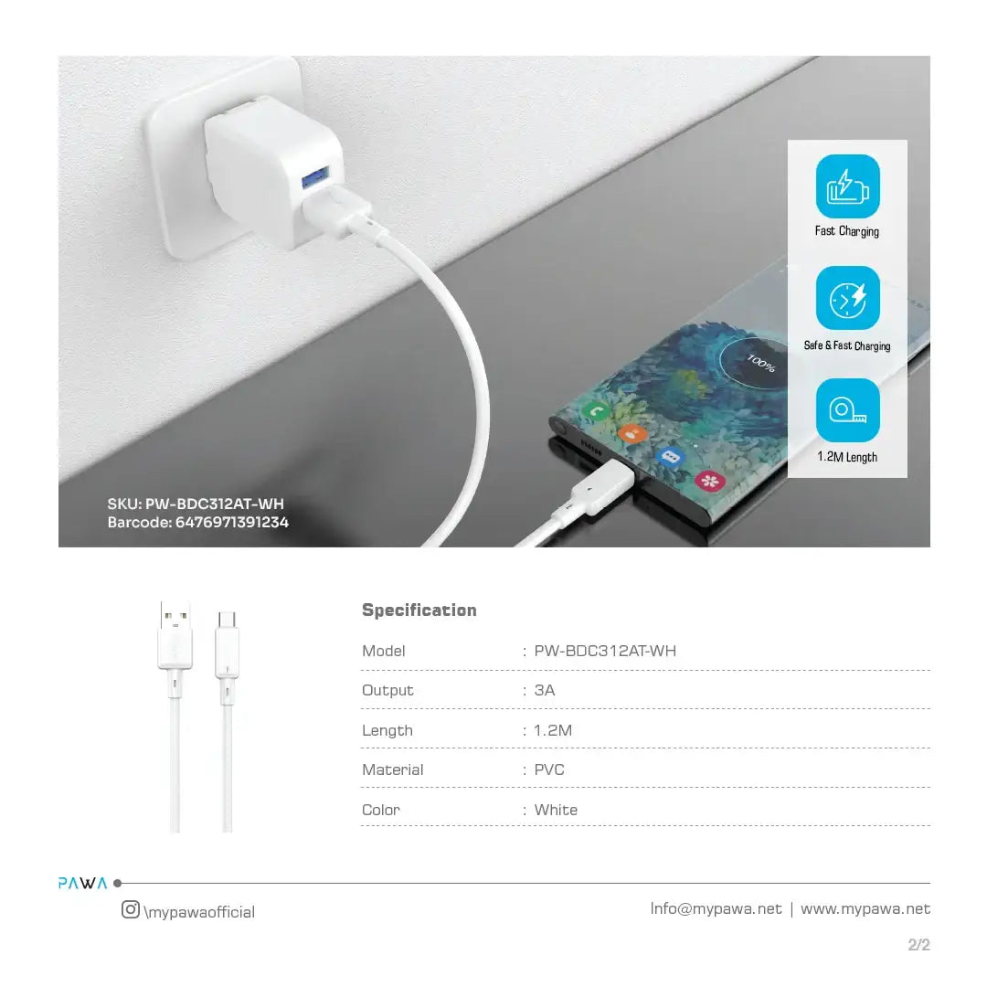PW-BDC312AT-WH | PAWA Lite 3A USB-A to Type-C Quick Charging PVC Cable 1.2M PW122 | White - GulfStore.com