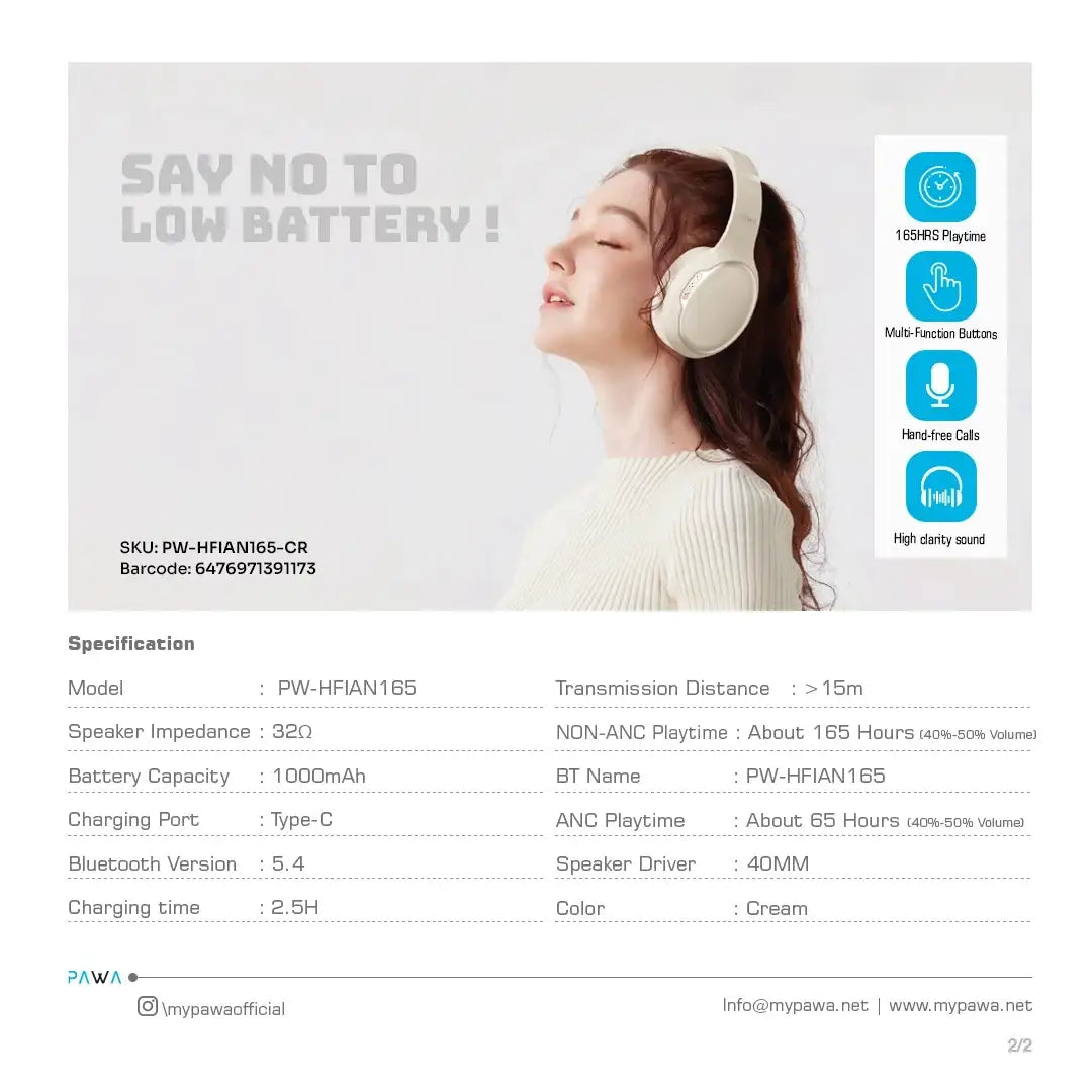 Pawa Infinite ANC Wireless Noise Cancelling Headphone 165 HRS Playtime -Cream (PW-HFIAN165-CR) - GulfStore.com