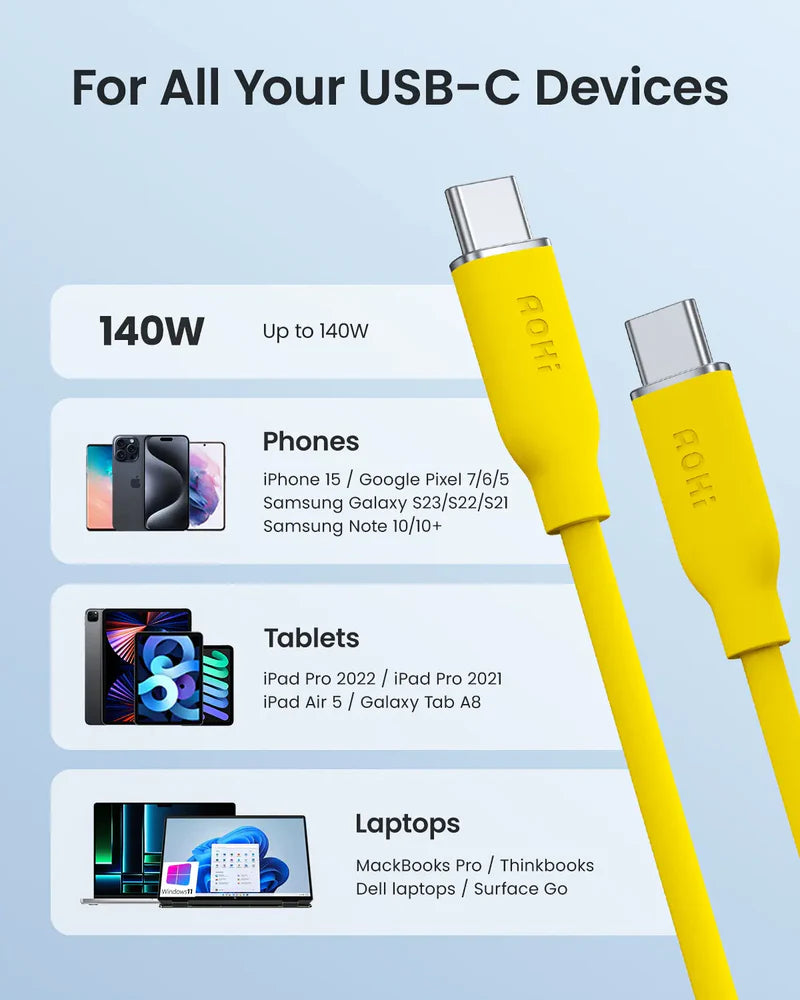 AOHI 140W PD 3.1 USB C to USB C Fast-charging Silky Cable 3.3ft - Yellow