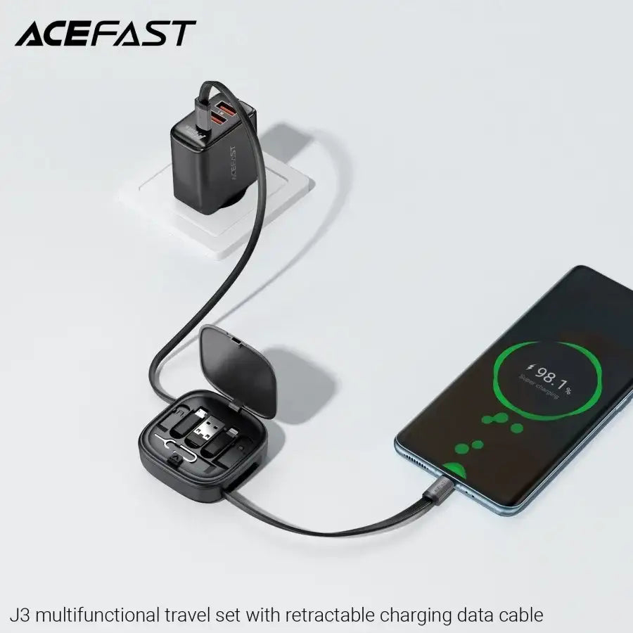 AceFast | 18491 | J3 | Multifunctional Travel Set With Retractable Charging Data Cable | Black - GulfStore.com